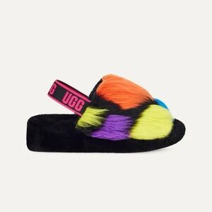UGG Fluff Yeah Party Spots Sz 10 Sheepskin Slide Sandals Slippers 1125006